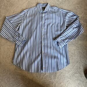 Thomas Dean Men's Blue Stripe 100% Pima Cotton Button Up Shirt Size XL Flip Cuff